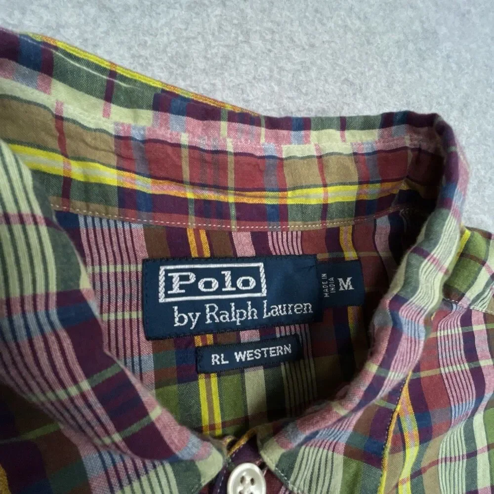 Vintage Polo Ralph Lauren RL Western Shirt Mens Medium M Plaid Metal Snap Cowboy